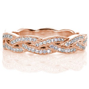 Unique custom rose gold wedding band with a bead set diamond braid design edged with milgrain in Memphis.