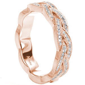 Unique custom rose gold wedding band with a bead set diamond braid design edged with milgrain in Tampa.