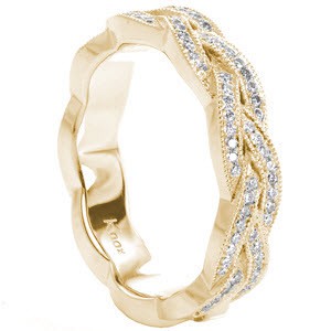 Unique custom wedding band with a bead set diamond braid design edged with milgrain in Charlotte.