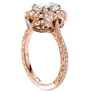 Santa Clara custom engagement ring with a unique antique inspired basket design topped with a diamond halo and a oval cut center diamond.