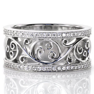 Pittsburgh unique filigree wedding band. This design features beautiful, sweeping filigree curls bordered by micro pave diamond bands. 