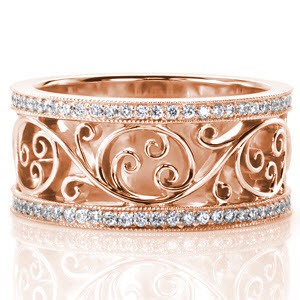 Elegant filigree wedding band with micro pave edges in Tampa, Florida. This wide rose gold band is a unique wedding band or right-hand ring.