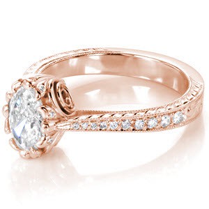 Louisville oval diamond engagement ring with antique inspired details including hand engraving, milgrain and filigree.