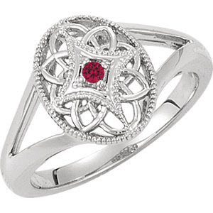 Crafted in Sterling Silver, the Edwardian Ruby ring has natural round cut ruby set in the center of a milgrain star. Reminiscent of a vintage era, the low profile setting makes it a comfortable fit. The split shank and delicate openwork accentuate an Edwardian form.