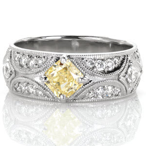 This dazzling ring features the crescent shaped arches and starburst patterns from our signature North Star design. The milgrain outlines are embellished with shimmering micro pavé diamonds. The kite-set radiant cut yellow diamond draws the eye to the center of this starry-night inspired design.  