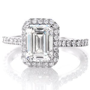 San Diego micro pave engagement ring in platinum with a stunning emerald cut center diamond.