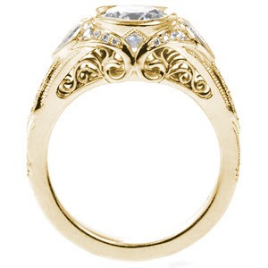 San Berdardo custom engagement ring with a unique side profile featuring bead set diamonds and filigree curls.