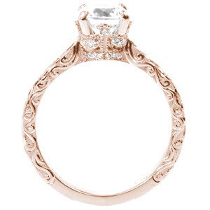 Rose gold engagement ring in Ottawa with relief engraved band, micro pave diamonds and round center stone.