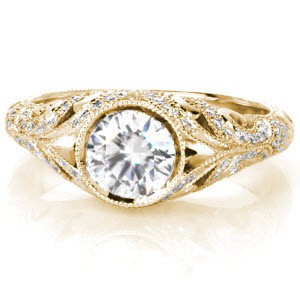 Sacramento unique wide band engagement ring with bezel set center stone and swirling patterns.