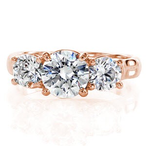 Washington DC contemporary custom rose gold three stone engagement ring with a high polished profile trellis design.