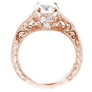 Houston rose gold wedding ring with scroll filigree, relief hand engraving and round center stone.