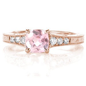 Tulsa antique engagement ring with cushion cut morganite center stone, hand engraving and filigree.