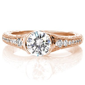 Antique rose gold engagement rings in Chicago are hand detailed with stunning relief style hand engraving and diamonds.