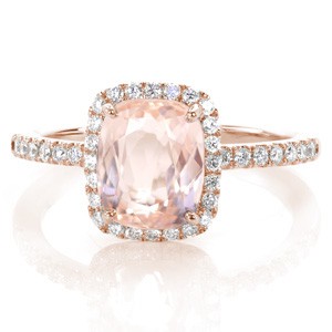 Detroit custom halo engagement ring with a micro pave rose gold diamond band with a unique cushion cut morganite center stone.