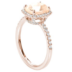 Oklahoma City rose gold custom halo engagement ring with a micro pave rose gold diamond band with a unique cushion cut morganite center stone.