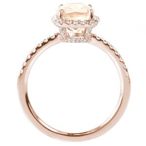 Sioux Falls rose gold custom halo engagement ring with a micro pave rose gold diamond band with a unique cushion cut morganite center stone.
