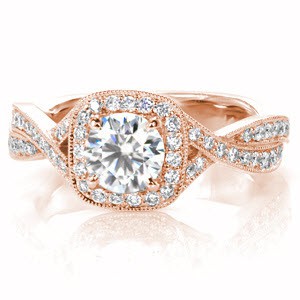 Rose gold engagement ring in Edmonton with a micro pave woven band and halo.