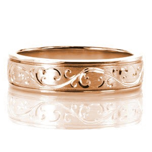 Unique wedding band in Honolulu with engraved scroll pattern continuously around the band.