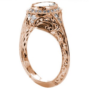 Dallas antique style rose gold engagement rings with filigree and oval diamond.