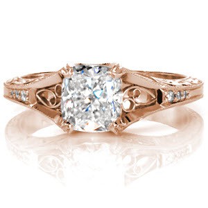 Vancouver custom rose gold engagement ring with vintage detailing and a cushion cut center diamond.
