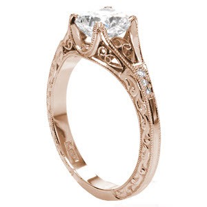 Washington DC custom rose gold engagement ring with vintage detailing and a cushion cut center diamond.