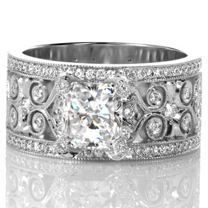 Milwaukee custom engagement ring with filigree detailed with diamonds and milgrain. This unique radiant cut engagement ring is simply stunning.