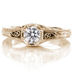 Antique inspired custom engagement ring with a round brilliant diamond held in a unique octagon setting surrounded by milgrain and filigree in Akron.