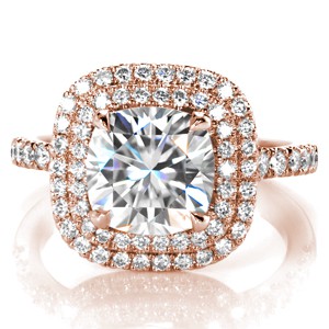 Philadelphia rose gold engagement ring with a double cushion shaped halo, micro pave band and cushion center stone.