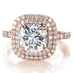 Custom engagement ring in New Orleans with double halo, cushion center stone and micro pave band.