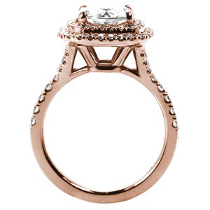 Custom rose gold engagement ring in San Diego with a round brilliant diamond surrounded by a double diamond halo.
