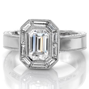 Custom engagement ring in Stamford with an emerald cut center diamond surrounded by a unique banquette diamond halo.