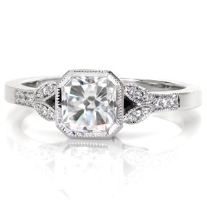 Vintage inspired custom engagement ring in El Paso with a radiant cut center diamond and a milgrain edged split shank.