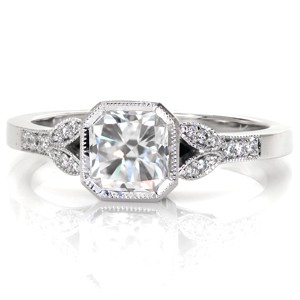 Custom engagement ring in Houston with radiant center stone and milgrain detail.