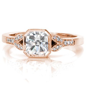 Vintage inspired rose gold custom engagement ring in San Diego with a radiant cut center diamond and a milgrain edged split shank.
