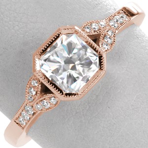 Rose gold wedding ring with full milgrain bezel, radiant center stone and delicate petals.