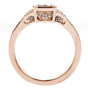 Vintage inspired rose gold custom engagement ring in Winnipeg with a radiant cut center diamond and a milgrain edged split shank.