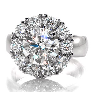 Unique custom engagement ring in Rancho Bernardo with a round diamond center surrounded by a large ten diamond halo on a high polished band.