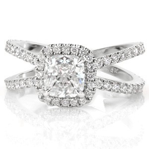 Split shank engagement ring in San Jose with cushion cut center stone and halo.