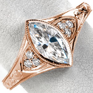 Dayton rose gold engagement ring with marquise center stone, milgrain bezel and hand engraving.