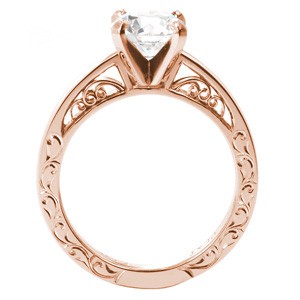 Tucson vintage inspired custom rose gold engagement ring with a round center diamond and unique hand engraving and filigree curls.