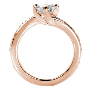 Rose gold custom engagement ring with a contemporary round cut center diamond and asymmetrical band in Vancouver.
