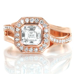 Rose gold engagement ring in Jacksonville with asscher cut center stone, octagon diamond halo and asymmetrical band.