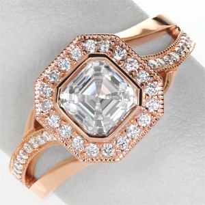 Unique rose gold engagement rings in Chicago. This beautiful halo design is featured in rose gold with micro pave diamonds surrounding an asscher cut center diamond. The movement of the band adds a unique flair. 