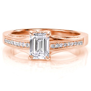 Antique inspired custom rose gold engagement ring with a round brilliant center diamond and filigree curl detailing in San Francisco.