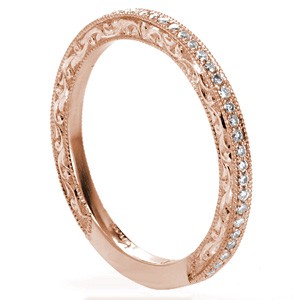 Kansas City unique rose gold wedding bands with relief style hand engraving and micro pave diamonds.