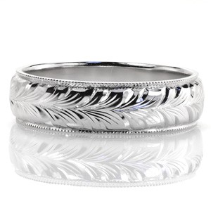 This classic wedding band design features an exquisitely engraved full wheat pattern flowing in a full eternity span around the ring. The lines change in depth throughout the pattern to create movement as light plays across the surface of the design. 