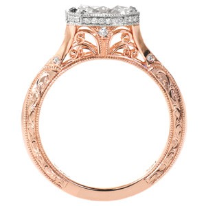New Orleans rose gold engagement ring with hand engraving, filigree and micro pave diamonds.