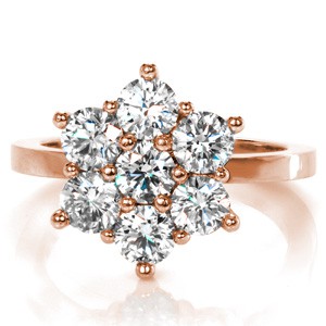 Unique rose gold halo engagement ring in St. Louis. The halo and center stone are all featured at the same size for a unique, floral appeal. The basket is detailed with this milgrain texturing.