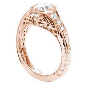 Antique inspired custom rose gold engagement ring with a cushion cut diamond in Montreal.
