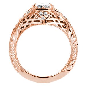 Antique inspired custom rose gold engagement ring with a cushion cut diamond in San Francisco.